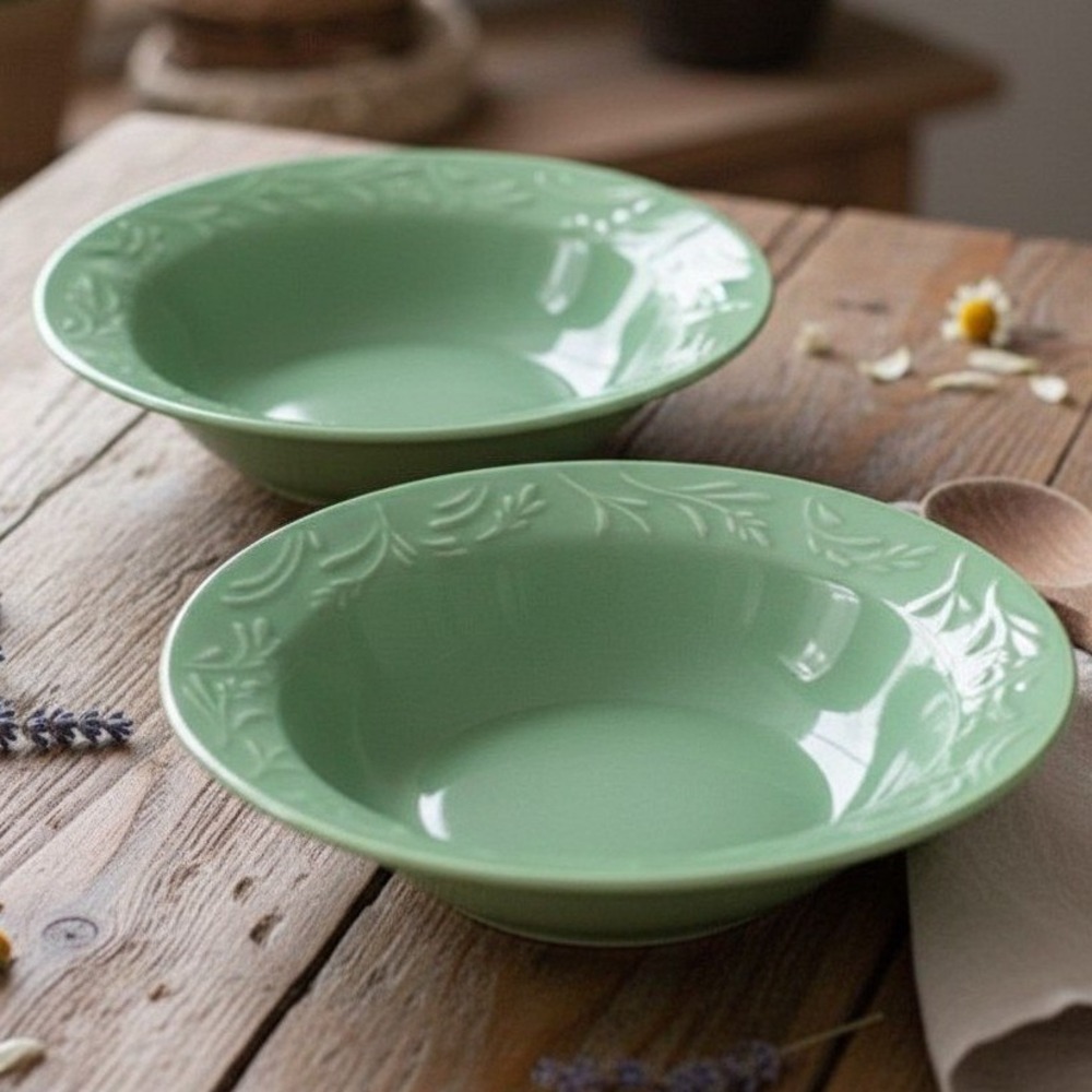 Libbey Wheat Green Rimmed Pasta Bowls, Set of 2, Vintage Ceramic Dinnerware